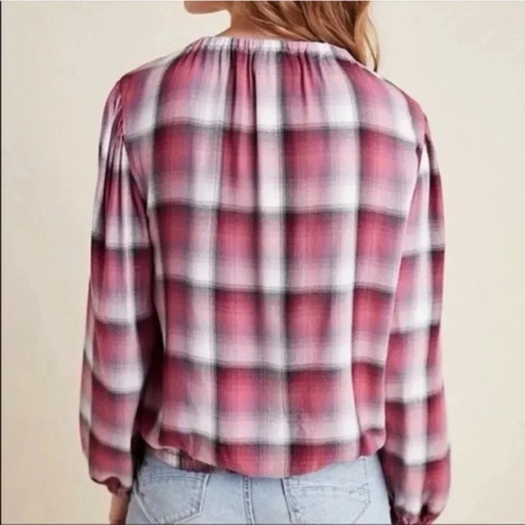 Cloth & Stone Anthropologie Glacier Plaid Elastic Cuff Blouse Raspberry Pink M - Picture 12 of 12